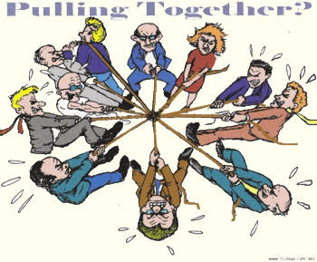 Office staff pulling together - actually, pulling for themselves.