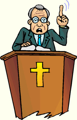 Cartoon pastor preaching at a pulpit.