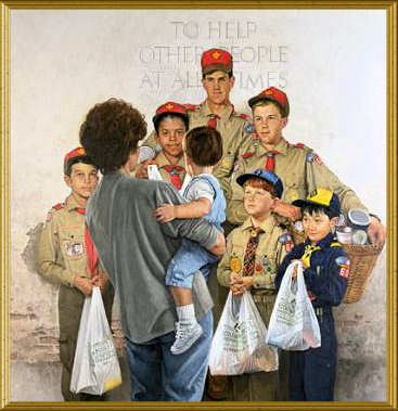 Boy scouts collected food and gave it to a needy person with a baby.