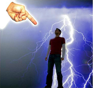 Hand of God pointing down towards a young man.