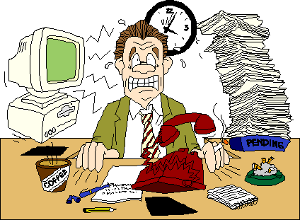 Cartoon picture of a man sitting at a desk looking very stressed.