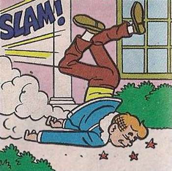 Cartoon picture of a man being tossed out of a house.