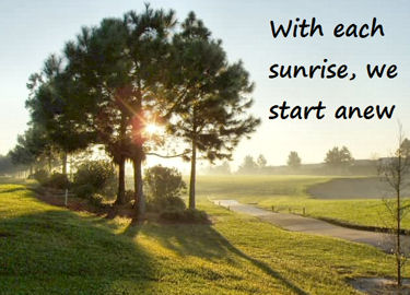 The morning sun shinning through a tree in the park, with the message: With each sunrise we start anew.