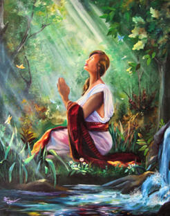Woman, looking upward,  praying to God.