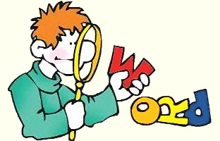 Cartoon image of a boy with a magnifying glass looking at words.