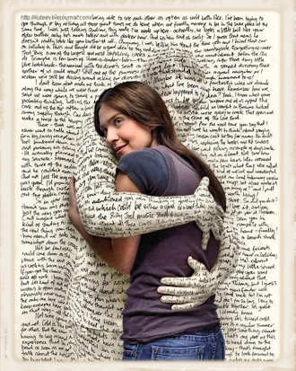 Young lady hugging a page of words with a young man's image hugging her back.